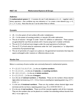 MAT 102 Mathematical Systems & Groups Definition a Mathematical