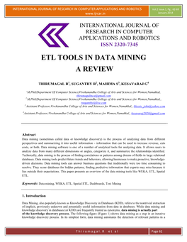 Etl Tools in Data Mining a Review