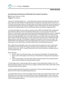 Award-Winning Food Authority and Public Radio Host to Speak in Des Moines Date: Monday, February 27, 2012 Category: Press Release