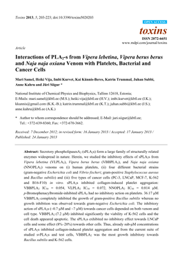 Interactions of PLA2-S from Vipera Lebetina, Vipera Berus Berus and Naja Naja Oxiana Venom with Platelets, Bacterial and Cancer Cells