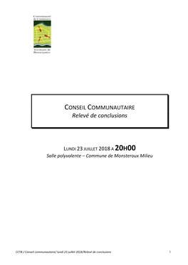 CONSEIL COMMUNAUTAIRE Relevé De Conclusions