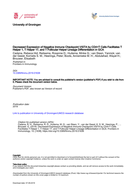 Decreased Expression of Negative Immune Checkpoint VISTA By