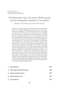 On Rademacher Sums, the Largest Mathieu Group and the Holographic Modularity of Moonshine Miranda C.N