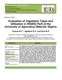 Evaluation of Vegetation Types and Utilization in Wildlife Park of the University of Agriculture Makurdi, Nigeria