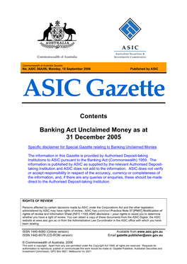 ASIC 36A/06, Monday, 18 September 2006 Published by ASIC ASIC Gazette