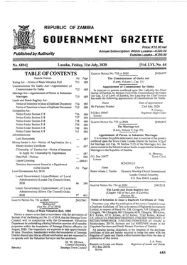 GOVERNMENT GRZETTE Price: K10.00 Net Annual Subscription: Within Lusaka—K300.00 Published by Authority Outside Lusaka—K350.00