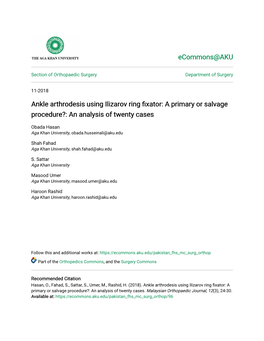 Ankle Arthrodesis Using Ilizarov Ring Fixator: a Primary Or Salvage Procedure?: an Analysis of Twenty Cases