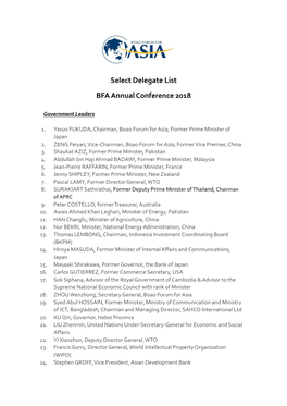 Select Delegate List BFA Annual Conference 2018