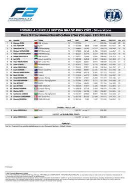 FORMULA 1 PIRELLI BRITISH GRAND PRIX 2021 - Silverstone Race 3 Provisional Classification After 29 Laps - 170.705 Km