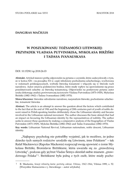 W Poszukiwaniu Tożsamości Litewskiej: Przypadek Vladasa Putvinskisa, Mykolasa Birziˇ Skiˇ I Tadasa Ivanauskasa