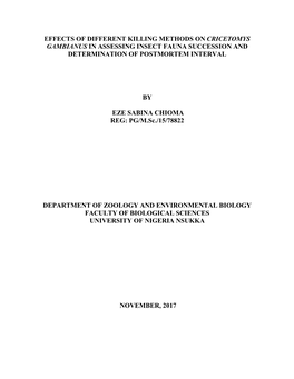 Effects of Different Killing Methods on Cricetomys Gambianus in Assessing Insect Fauna Succession and Determination of Postmortem Interval