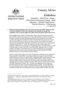Country Advice Zimbabwe Zimbabwe – ZWE37118 – Harare –