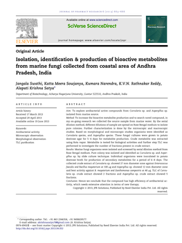 Production of Bioactive Metabolites from Marine Fungi Collected from Coastal Area of Andhra Pradesh, India