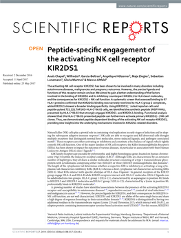 Peptide-Specific Engagement of the Activating NK Cell Receptor KIR2DS1 Received: 2 December 2016 Anaïs Chapel1, Wilfredo F