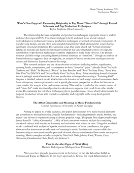 Examining Originality in Pop Music “Sister Hits” Through Formal Schemata and Pop Production Techniques Taylor Stephens (Elon University)