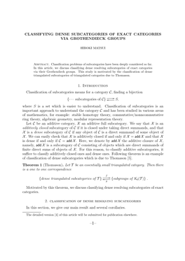 CLASSIFYING DENSE SUBCATEGORIES of EXACT CATEGORIES VIA GROTHENDIECK GROUPS 1. Introduction Classification of Subcategories Mean