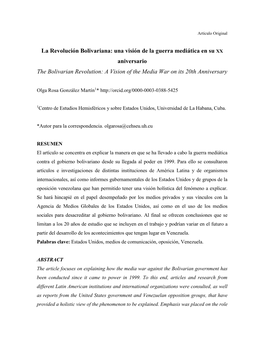 La Revolución Bolivariana: Una Visión De La Guerra Mediática En Su XX Aniversario the Bolivarian Revolution: a Vision of the Media War on Its 20Th Anniversary