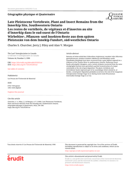 Late Pleistocene Vertebrate, Plant and Insect Remains from the Lnnerkip