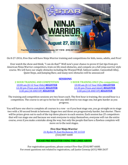 On 8-27-2016, Five-Star Will Have Ninja Warrior Training and Competitions for Kids, Teens, Adults, and Pros!