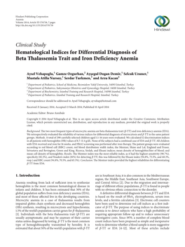 Hematological Indices for Differential Diagnosis of Beta Thalassemia Trait and Iron Deficiency Anemia