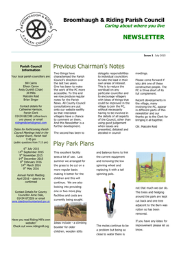 Previous Chairman's Notes Play Park Plans NEWSLETTER