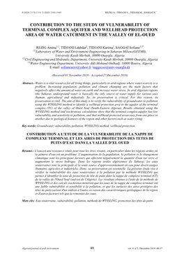 Contribution to the Study of Vulnerability of Terminal Complex Aquifer and Wellhead Protection Area of Water Catchment in the Valley of El-Oued
