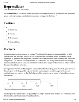 Repressilator - Wikipedia, the Free Encyclopedia Repressilator from Wikipedia, the Free Encyclopedia