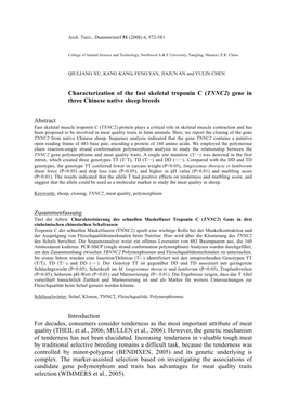 Characterization of the Fast Skeletal Troponin C (TNNC2) Gene in Three Chinese Native Sheep Breeds