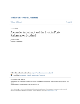 Alexander Arbuthnot and the Lyric in Post-Reformation Scotland,