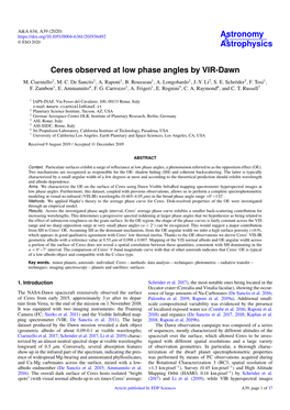 Ceres Observed at Low Phase Angles by VIR-Dawn M