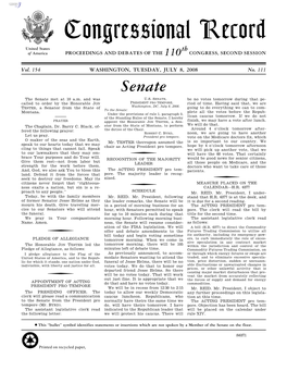 Congressional Record United States Th of America PROCEEDINGS and DEBATES of the 110 CONGRESS, SECOND SESSION