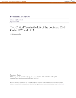 Two Critical Years in the Life of the Louisiana Civil Code: 1870 and 1913 A