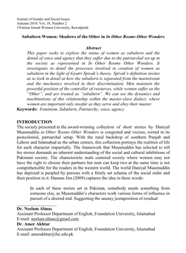 Subaltern Women: Shadows of the Other in in Other Rooms Other Wonders Abstract This Paper Seeks to Explore the Status of Women A