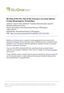 Revision of the Fire Ants of the Solenopsis Saevissima Species- Group (Hymenoptera: Formicidae) Author(S): James P