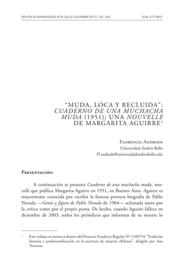 “Muda, Loca Y Recluida”: Cuaderno De Una Muchacha Muda (1951); Una Nouvelle De Margarita Aguirre1