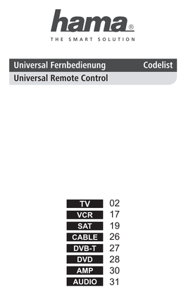 Hama Universal 8-In-1 Remote Control Code List