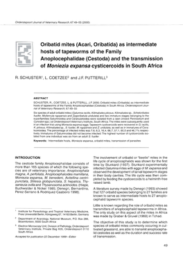 Oribatid Mites (Acari, Oribatida) As Intermediate Hosts of Tapeworms Of