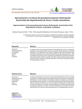 Aproximación a La Fauna De Pseudoescorpiones (Arthropoda: Arachnida) Del Departamento De Sucre, Caribe Colombiano