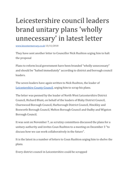 Leicestershire Council Leaders Brand Unitary Plans 'Wholly Unnecessary' in Latest Letter 13/11/2018