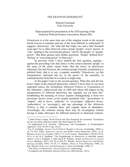 THE KRATOS in DÊMOKRATIA* Daniela Cammack Yale University Paper Prepared for Presentation at the 2018 Meeting of the American