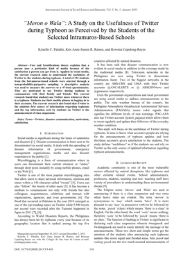 A Study on the Usefulness of Twitter During Typhoon As Perceived by the Students of the Selected Intramuros-Based Schools