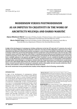 Modernism Versus Postmodernism As an Impetus to Creativity in the Work of Architects Milenija and Darko Marušić