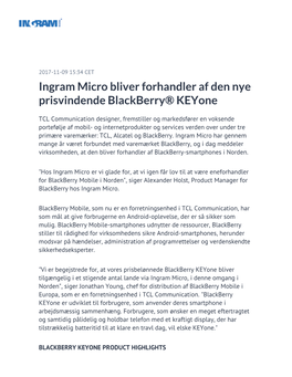 Ingram Micro Bliver Forhandler Af Den Nye Prisvindende Blackberry® Keyone