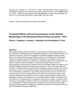 Threshold Effects of Food Concentration on the Skeletal Morphology of the Bryozoan Electra Pilosa (Linnaeus, 1767)