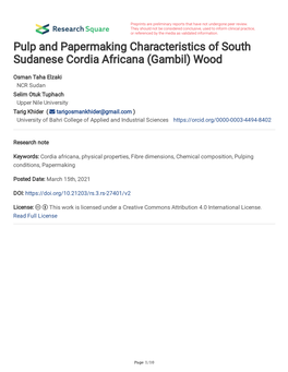Pulp and Papermaking Characteristics of South Sudanese Cordia Africana (Gambil) Wood