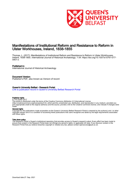 Manifestations of Institutional Reform and Resistance to Reform in Ulster Workhouses, Ireland, 1838-1855