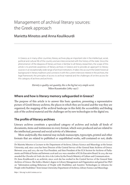 Management of Archival Literary Sources: the Greek Approach Marietta Minotos and Anna Koulikourdi