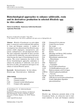 Biotechnological Approaches to Enhance Salidroside, Rosin and Its Derivatives Production in Selected Rhodiola Spp. in Vitro Cultures