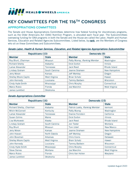 Key Committees for the 116Th Congress