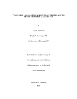 American Restaurant Culture and the Rise of the Middle Class, 1880-1920